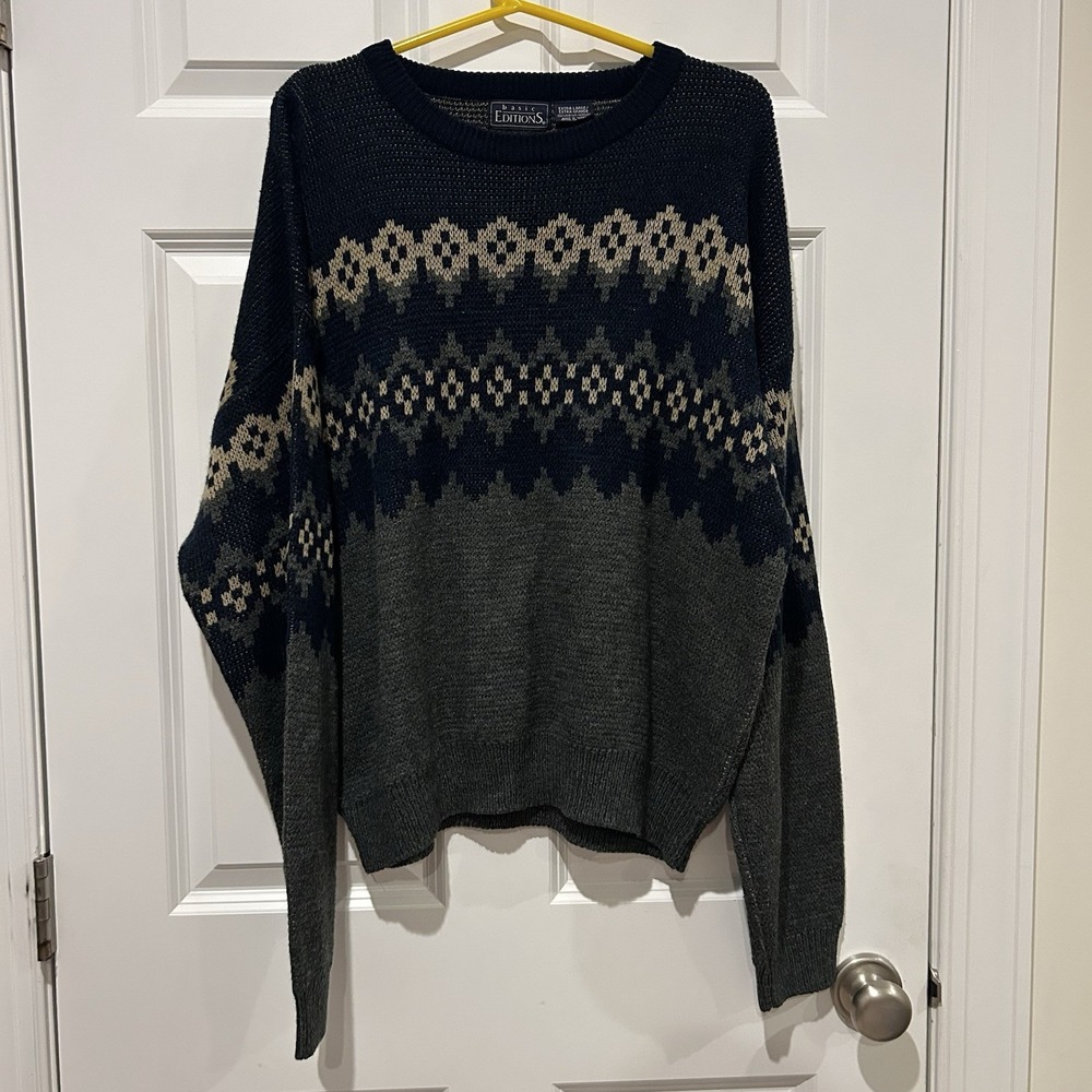 Vtg 90s Basic Editions Grandpa Knit Sweater Mens XL Fair Isle Ski Navy Gray EUC